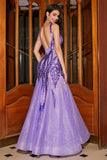 Stunning Mermaid V Neck Purple Sequins Long Prom Dress with Open Back