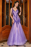 Stunning Mermaid V Neck Purple Sequins Long Prom Dress with Open Back