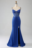 Royal Blue Mermaid Corset Prom Dress with Beading