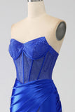 Mermaid Strapless Royal Blue Corset Prom Dress with Beading