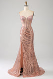 Rose Gold Mermaid Beaded Sequin Corset Prom Dress With Slit