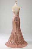 Rose Gold Mermaid Beaded Sequin Corset Prom Dress With Slit