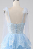 Light Blue Sweetheart Bow Tie Straps Tiered Tulle Sequin Prom Dress with Appliques