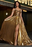 Sparkly Golden A Line Spaghetti Straps Long Beaded Prom Dress With Slit