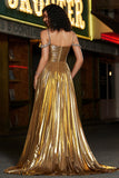 Sparkly Golden A Line Spaghetti Straps Long Beaded Prom Dress With Slit