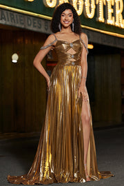 Sparkly Golden A Line Spaghetti Straps Long Beaded Prom Dress With Slit