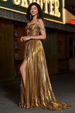 Sparkly Golden A Line Spaghetti Straps Long Beaded Prom Dress With Slit