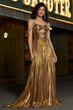 Sparkly Golden A Line Spaghetti Straps Long Beaded Prom Dress With Slit