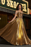 Sparkly Golden A Line Spaghetti Straps Long Beaded Prom Dress With Slit