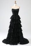 A-Line Sequins Black Tiered Prom Dress with Slit