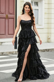 Stylish A Line Strapless Black Sequins Long Prom Dress with Ruffles