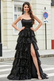 Stylish A Line Strapless Black Sequins Long Prom Dress with Ruffles