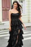 Stylish A Line Strapless Black Sequins Long Prom Dress with Ruffles