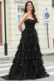 Stylish A Line Strapless Black Sequins Long Prom Dress with Ruffles