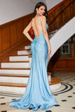 Blue Beaded Long Sparkly Mermaid Prom Dress with Slit