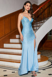 Blue Beaded Long Sparkly Mermaid Prom Dress with Slit