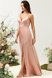 Blush Spaghetti Straps A Line Bridesmaid Dress With Slit