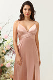 Blush Spaghetti Straps A Line Bridesmaid Dress With Slit