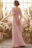 Blush Batwing Sleeves Chiffon Bridesmaid Dress