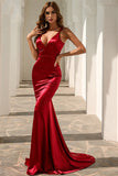 Sexy Burgundy Mermaid V-neck Lace Up Satin Sweep Train Prom Dress