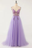 Light Blue Beaded Tulle Spaghetti Straps Prom Dress