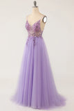 Purple Beaded Tulle Spaghetti Straps Long Prom Dress