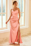 Peach Sheath Long Bridesmaid Dress with Slit