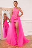 Hot Pink Detachable Train Prom Dress