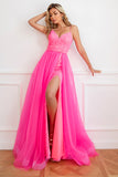 Two Piece Spaghetti Straps Fuchsia Prom Dress with Split Front