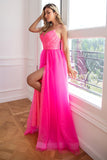 Two Piece Spaghetti Straps Fuchsia Prom Dress with Split Front