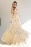 A Line Spaghetti Straps Champagne Prom Dress with Appliques