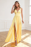 Classic A Line V Neck Yellow Long Prom Dress with Split Front