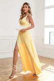 Classic A Line V Neck Yellow Long Prom Dress with Split Front