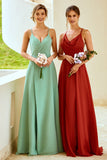 Rust Red Spaghetti Straps Long Bridesmaid Dress