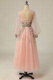 A Line Jewel Light Nude Long Prom Dress with Embroidery