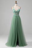 Sparkly Green A-Line Spaghetti Straps Corset Prom Dress With Appliques