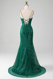 Sparkly Dark Green Beaded Sequins Long Prom Dress with Slit