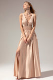 Champagne Satin Long Prom Dress with Slit