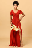 A Line V Neck Rust Long Bridesmaid Dress with Short Sleeves