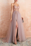 Spaghetti Straps Pink Long Prom Dress With Slit