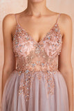 Spaghetti Straps Pink Long Prom Dress With Slit