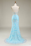 Blue Spaghetti Straps Sparkly Mermaid Prom Dress