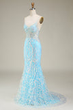 Blue Spaghetti Straps Sparkly Mermaid Prom Dress