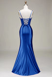 Royal Blue Mermaid Spaghetti Straps Long Prom Dress With Slit