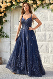 A Line Off the Shoulder Navy Long Prom Dress with Appliques