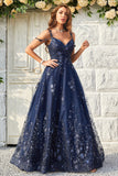 A Line Off the Shoulder Navy Long Prom Dress with Appliques