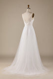 Ivory V-Neck Tulle Sweep Train Wedding Dress with Lace